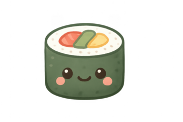Cute sushi maki roll with happy face illustration