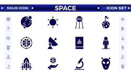 space and planet Vector solid Icons, thin line style. Contains such Icons as space, planet, alien, solar, astronaut, technology, space travel, stars, exploration galaxy, and universe. © artshuvo