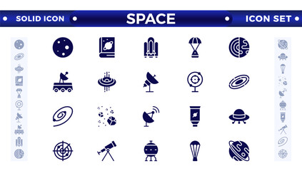 space and planet Vector solid Icons, thin line style. Contains such Icons as space, planet, alien, solar, astronaut, technology, space travel, stars, exploration galaxy, and universe. © artshuvo