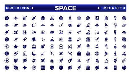 space and planet Vector solid Icons, thin line style. Contains such Icons as space, planet, alien, solar, astronaut, technology, space travel, stars, exploration galaxy, and universe. © artshuvo
