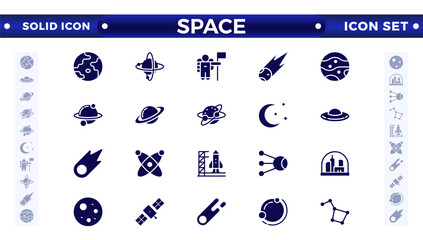 space and planet Vector solid Icons, thin line style. Contains such Icons as space, planet, alien, solar, astronaut, technology, space travel, stars, exploration galaxy, and universe. © artshuvo