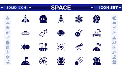 space and planet Vector solid Icons, thin line style. Contains such Icons as space, planet, alien, solar, astronaut, technology, space travel, stars, exploration galaxy, and universe. © artshuvo