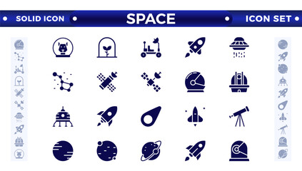 space and planet Vector solid Icons, thin line style. Contains such Icons as space, planet, alien, solar, astronaut, technology, space travel, stars, exploration galaxy, and universe. © artshuvo