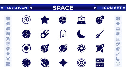 space and planet Vector solid Icons, thin line style. Contains such Icons as space, planet, alien, solar, astronaut, technology, space travel, stars, exploration galaxy, and universe. © artshuvo