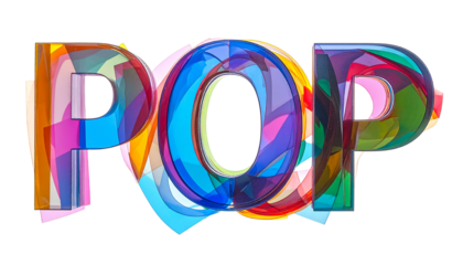 Colorful, layered word "POP" in a bright, abstract, geometric style