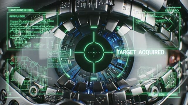 Advanced Robotic Eye With Futuristic HUD Display Showing Target Acquired Data