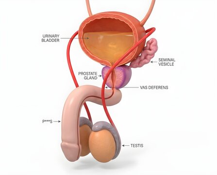 Medical Illustration of Male Reproductive System Showing Internal and External Organs in Anatomical Detail