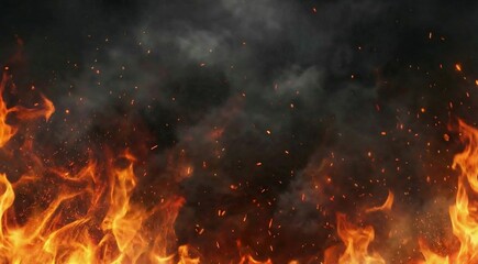 Intense flames and burning fire with smoke sparks and embers creating dramatic inferno effect on dark background for compositing. Cinematic wallpaper