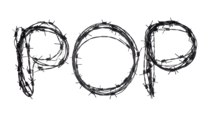 Scribbled "POP" in a dark, textured gray against a stark black background