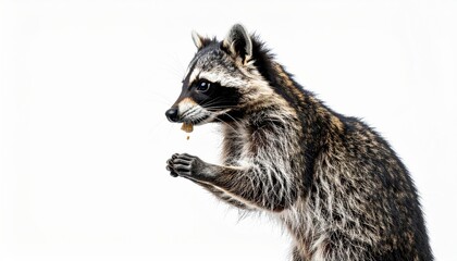 Fototapeta premium Raccoon standing on hind legs eating food.