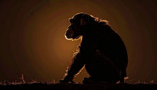 Silhouette of a monkey sitting on the ground at night.