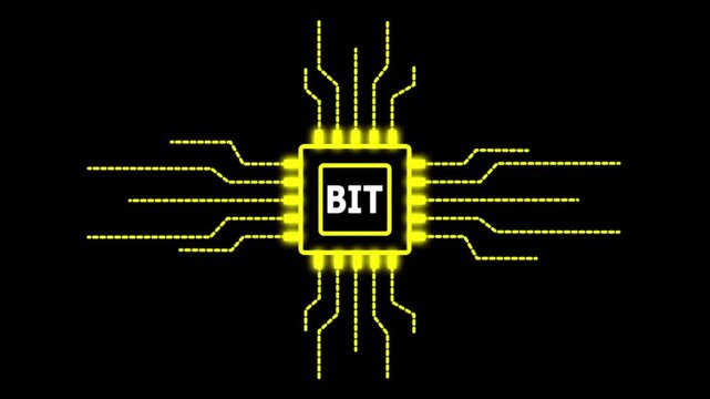 Digital motion graphics of a CPU microprocessor with BIT text symbol and electronic network lines for global information protection and online safety.