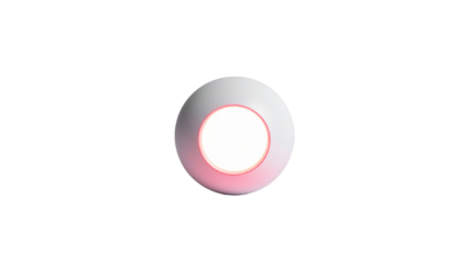 White orb with a glowing center, a red halo, and black background