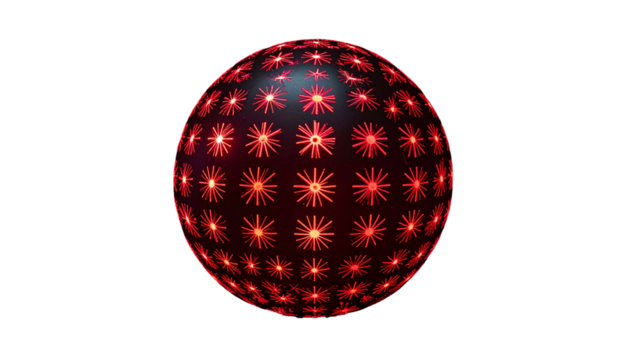 Glowing red sphere patterned with starbursts against a black void - Powered by Adobe