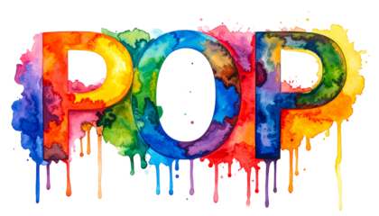 Watercolor "POP" text, rainbow colors, with paint dripping down