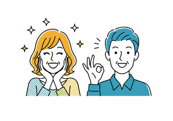 Fototapeta premium Happy colleagues approving idea - Lifestyle Illustration, Flat Line Art, Flat Style Illustration, Flat Line Illustration, Cartoon Line Illustration, Modern Outline Flat Illustration