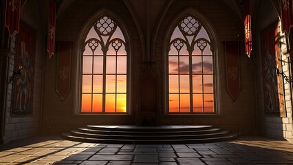 Empty square room with Grand medieval castle throne room with sunset sky seen through large gotrhic arched windows
