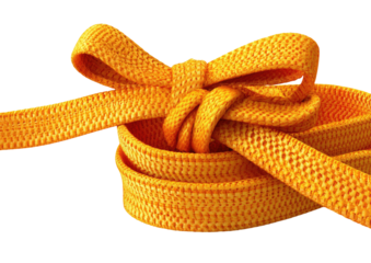 Close-up, textured, thick orange shoelace tied into a bow against black