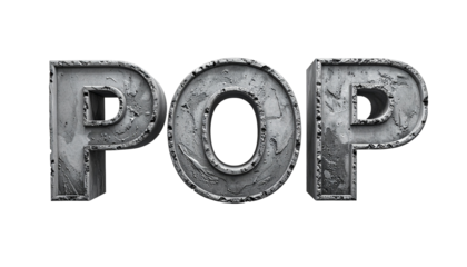 Textured, 3D "POP" text against black. Industrial-style lettering stands out
