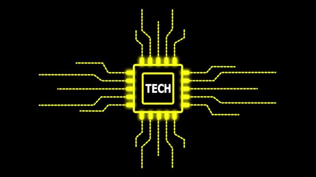 A glowing yellow processor chip (CPU) with the word "TECH" displayed in bold, white sans-serif typography at the center.
