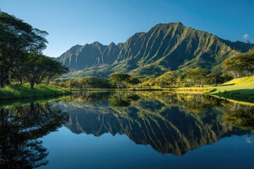 Lush mountain range reflected in calm lake, framed by trees under clear blue sky