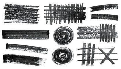 Monochrome grunge textures, various strokes, circles, and crosshatched designs
