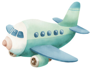 Cute watercolor airplane for kids illustration isolated on transparent background.
