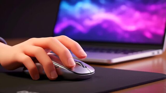 Hand operating a computer mouse on a desk, next to a laptop with a colorful screen, highlights an ergonomic workspace design for comfortable and productive digital tasks.