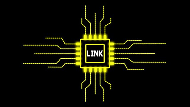 Digital motion graphics of a CPU microprocessor with LINK text symbol and electronic network lines for global information protection and online safety.