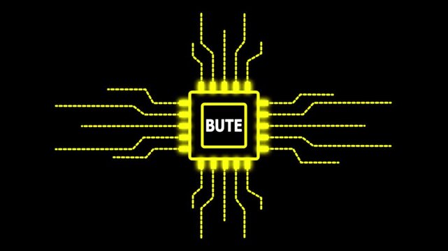 Digital motion graphics of a CPU microprocessor with BUTE text symbol and electronic network lines for global information protection and online safety.