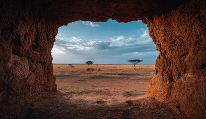 African savanna landscape framed by a rugged, textured opening, open sky