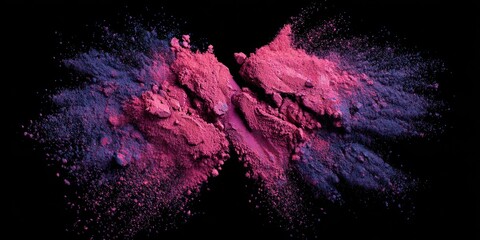 Dust explosion in pink and blue hues against a black background