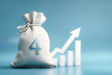 Money bag with "4" and an upward trending bar graph on a light blue background
