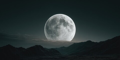 Giant moon over silhouetted mountains against a dark, atmospheric night sky