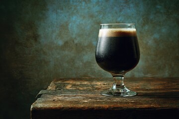 A foamy, dark beverage in a glass sits on a worn wooden table, against a backdrop