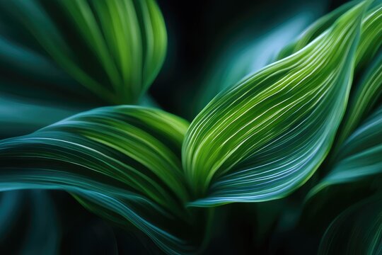 Close-up of lush, vibrant green leaves with delicate white striations, shadows