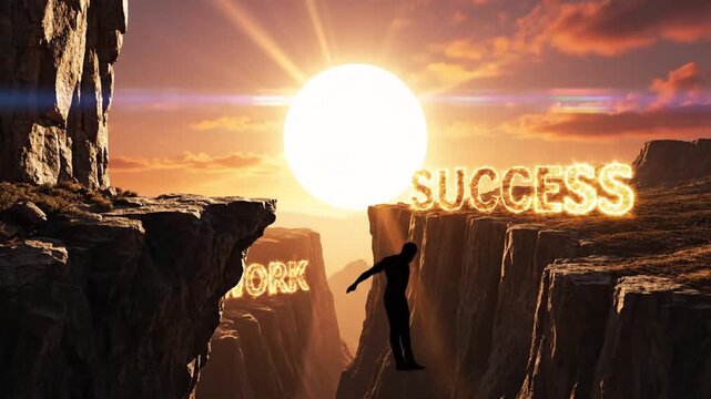 Dynamic shot of person leaping across canyon towards success, embodying ambition and overcoming challenges in life's journey