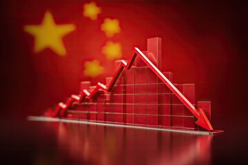 Red graph illustrating downward trend against blurred red flag background with golden stars