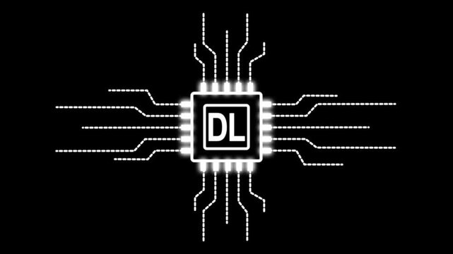 Digital motion graphics of a CPU microprocessor with DL text symbol and electronic network lines for global information protection and online safety.