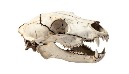 Naklejka premium Side view of a weathered skull, showing teeth and bone structure