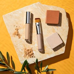 Makeup products arranged on marble stone with brush and sponges