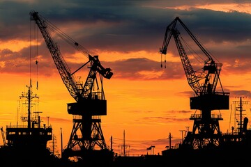 Silhouette of two large cranes at a harbor against a fiery orange sunset