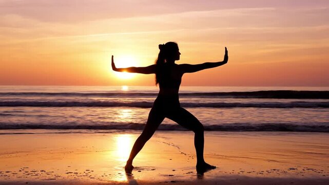 Woman gracefully balances in Tree Pose at sunset beach yoga retreat, creating serene wellness and mindfulness movement