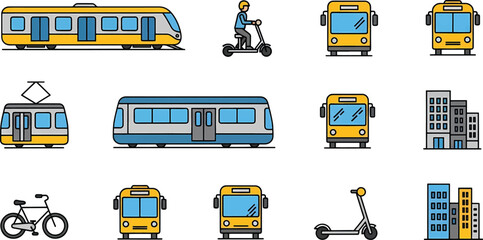 Collection of transportation icons including buses and personal vehicles on a white background