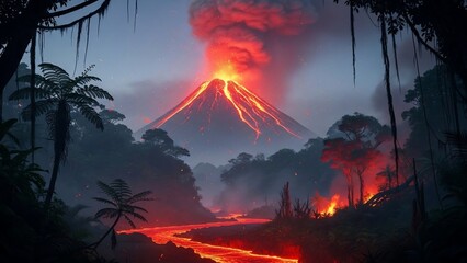 Dramatic volcanic eruption with molten lava flowing through a dense tropical jungle.
