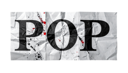 POP" in bold text over wrinkled, abstract paper, splattered with red