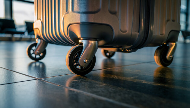 Journey's Beginning Durable Luggage Casters Poised on Polished Tiles in a Bright Departure Hall