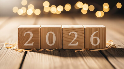 The year 2026 on wooden blocks, with golden bokeh lights and festive ribbons creating a celebratory atmosphere, perfect for new year themes and future goal setting
