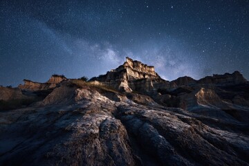 Rocky terrain under a vast, star-filled night sky, with a visible Milky Way