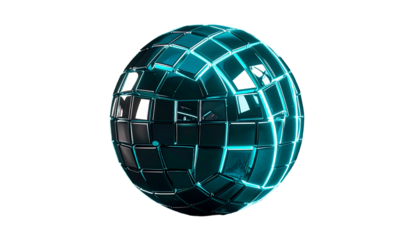 Digitized, spherical object with reflective, geometric mosaic surface on dark background